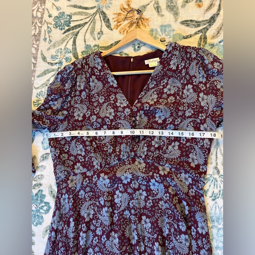 Shoshanna Burgundy and Blue Floral & Paisley Sharkbite Dress - Picture 7 of 12